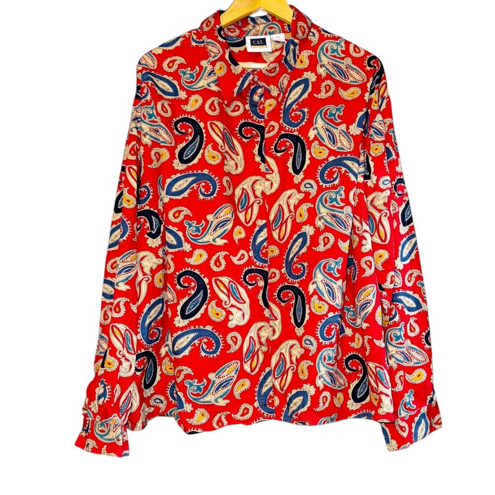 Vintage CST Sport Button Up Red Paisley Shirt Top Women's 30W Boho Retro Quirky